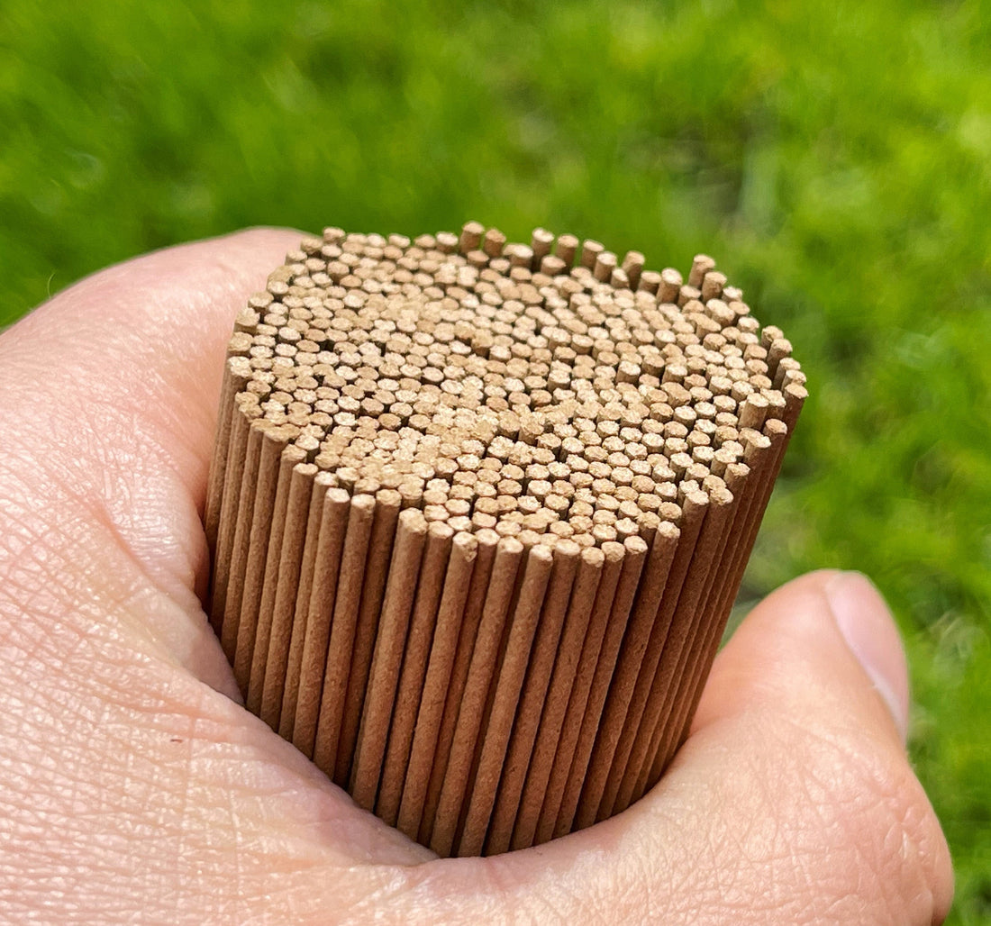 A man holding a bunch of artisan incense sticks outside with grass in the background