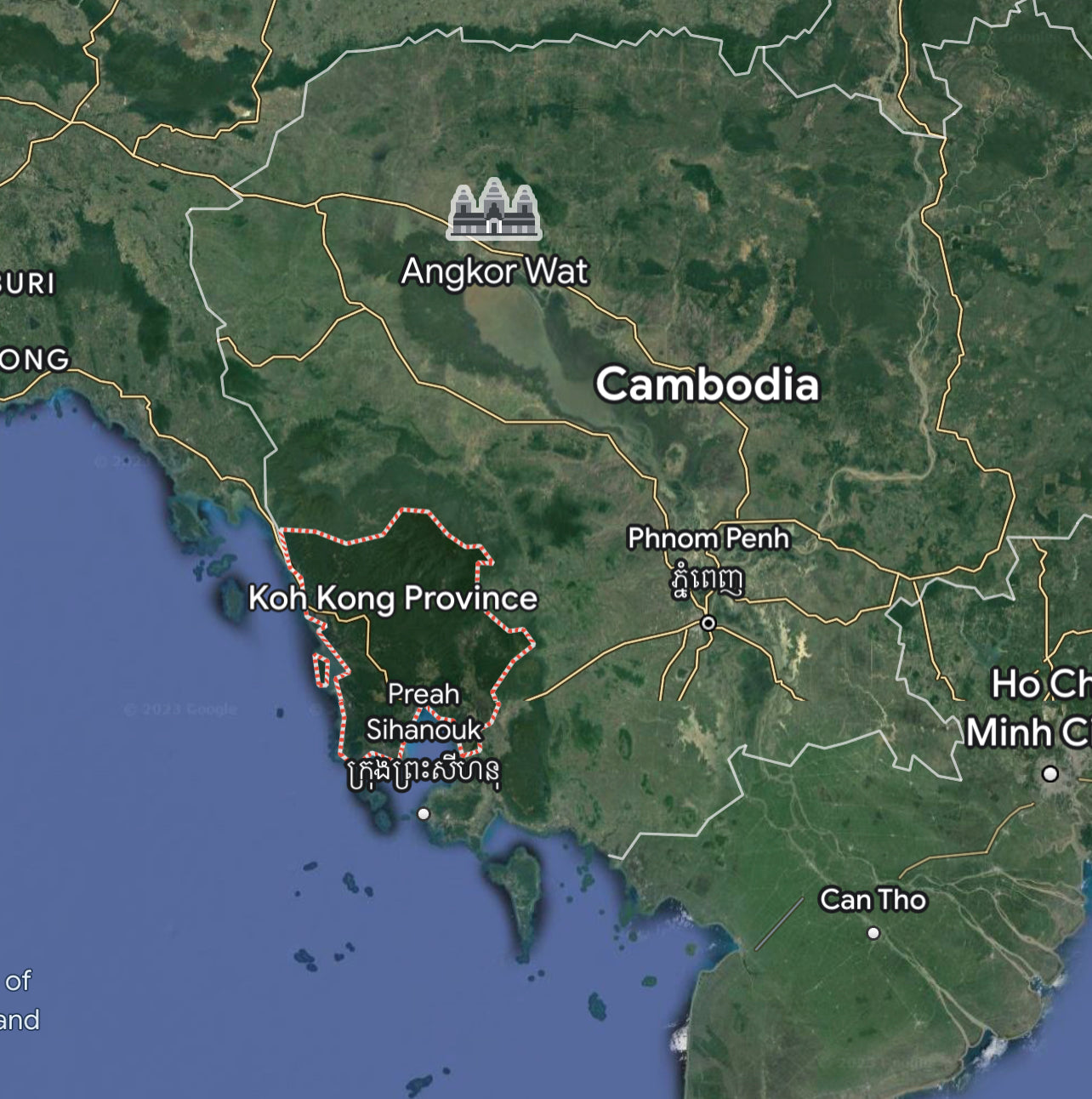 A map showing koh kong region in Cambodia