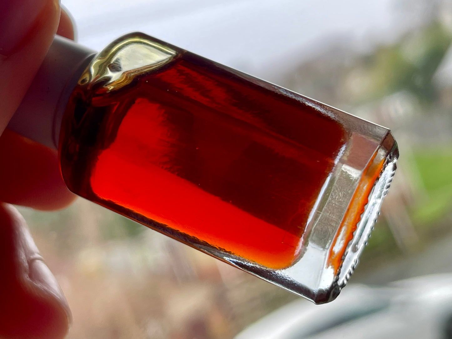 Man holding bottle of Kedah Malaysian Oud oil to the sky with blurred garden in background