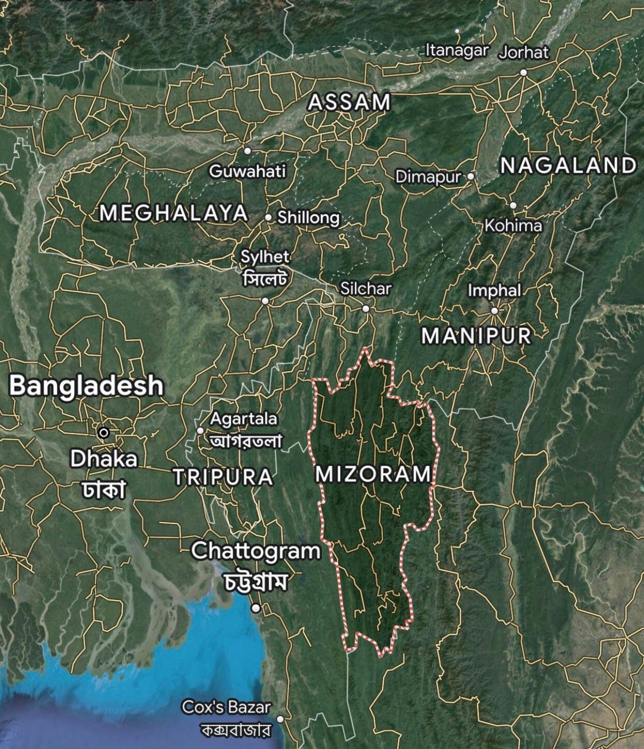 Map showing Mizoram region in India