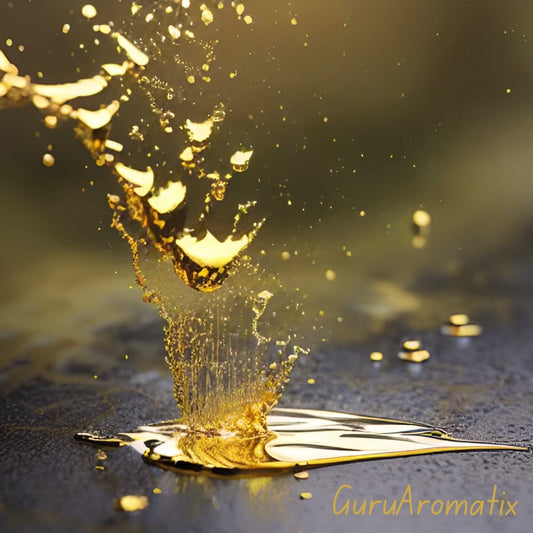 Logo of Wild Sri Lanka Sandalwood Oil. Picture of liquid gold dropping on the ground
