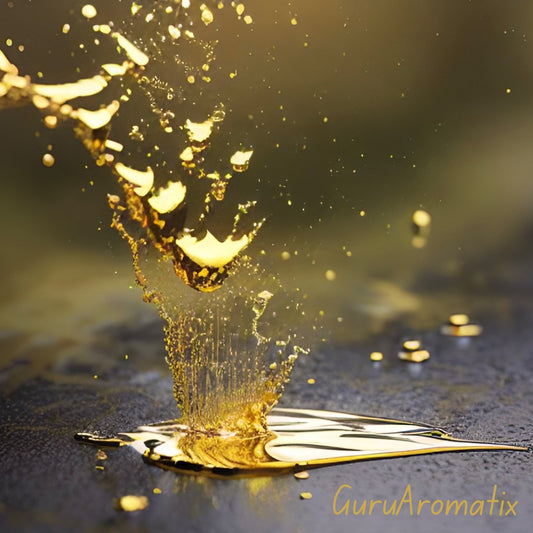 Logo of Wild Sri Lanka Sandalwood Oil. Picture of liquid gold dropping on the ground 