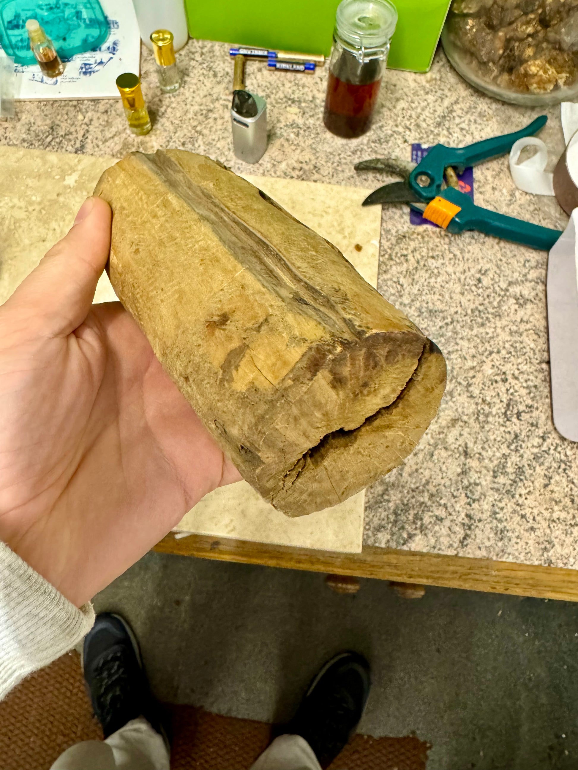 Man holding vintage mysore sandalwood log