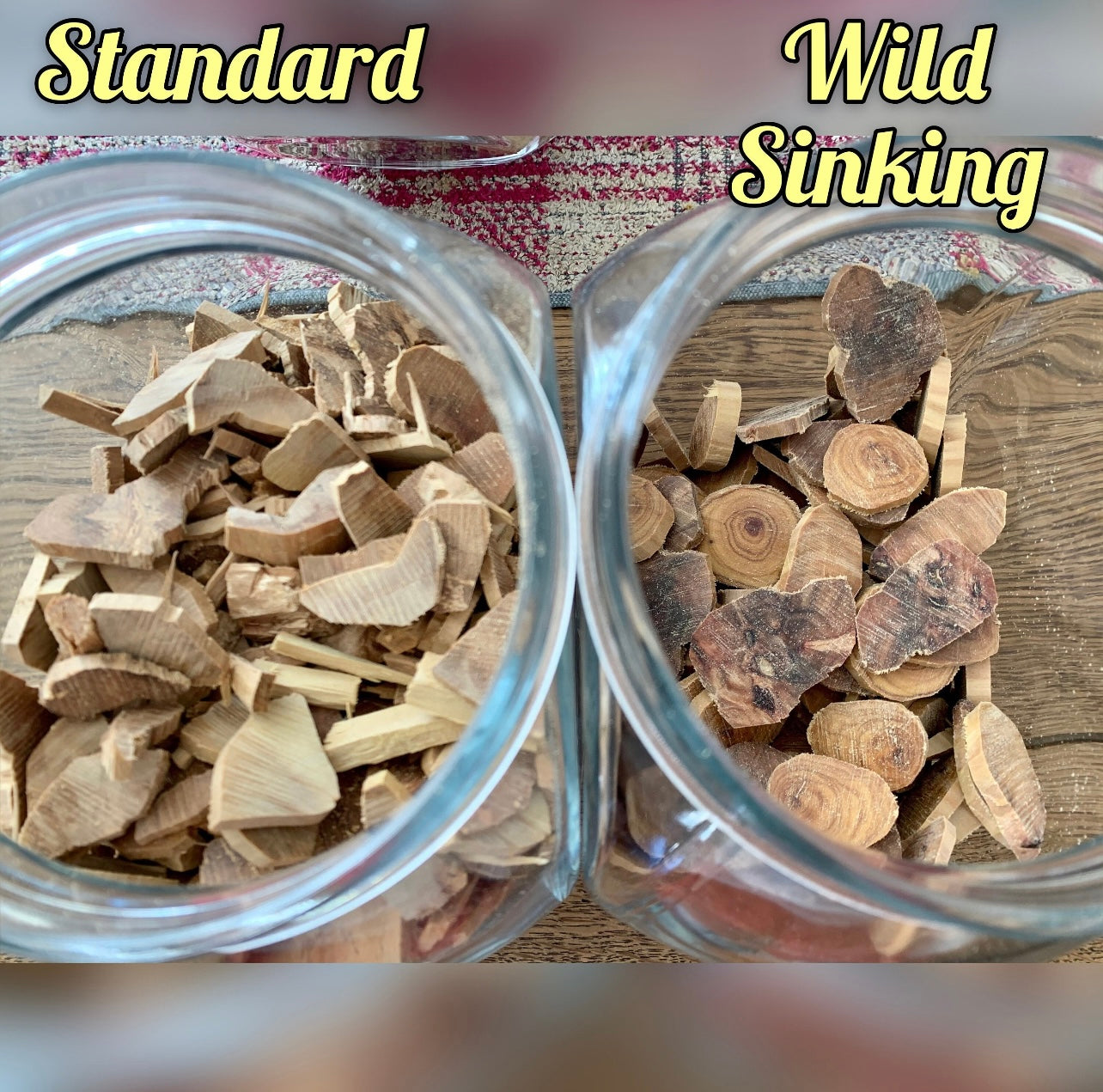 Standard grade Sandalwood pieces in a jar next to wild grade Sandalwood pieces in a jar