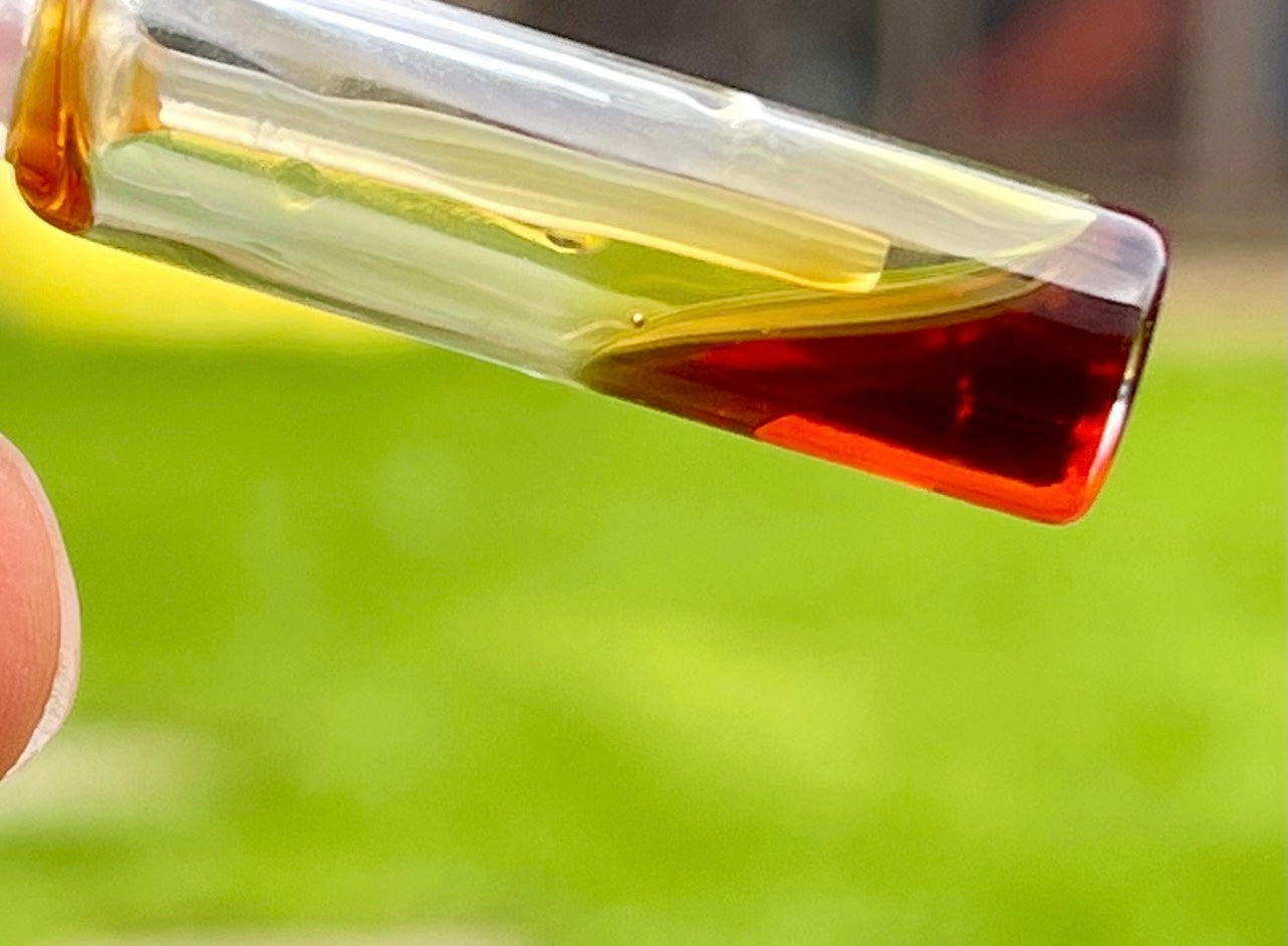 Close-up of a man holding a vial of Kedah Oud oil with grass in the background