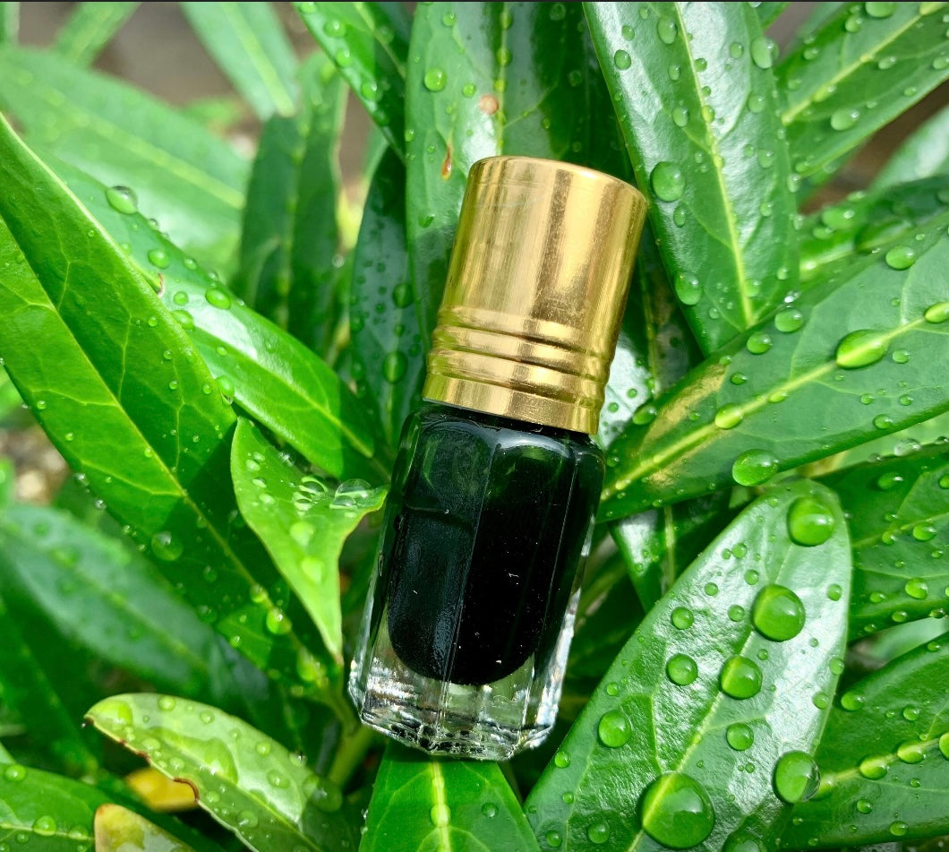 A bottle of Indian vetiver Ruh Khus resting on a leaf