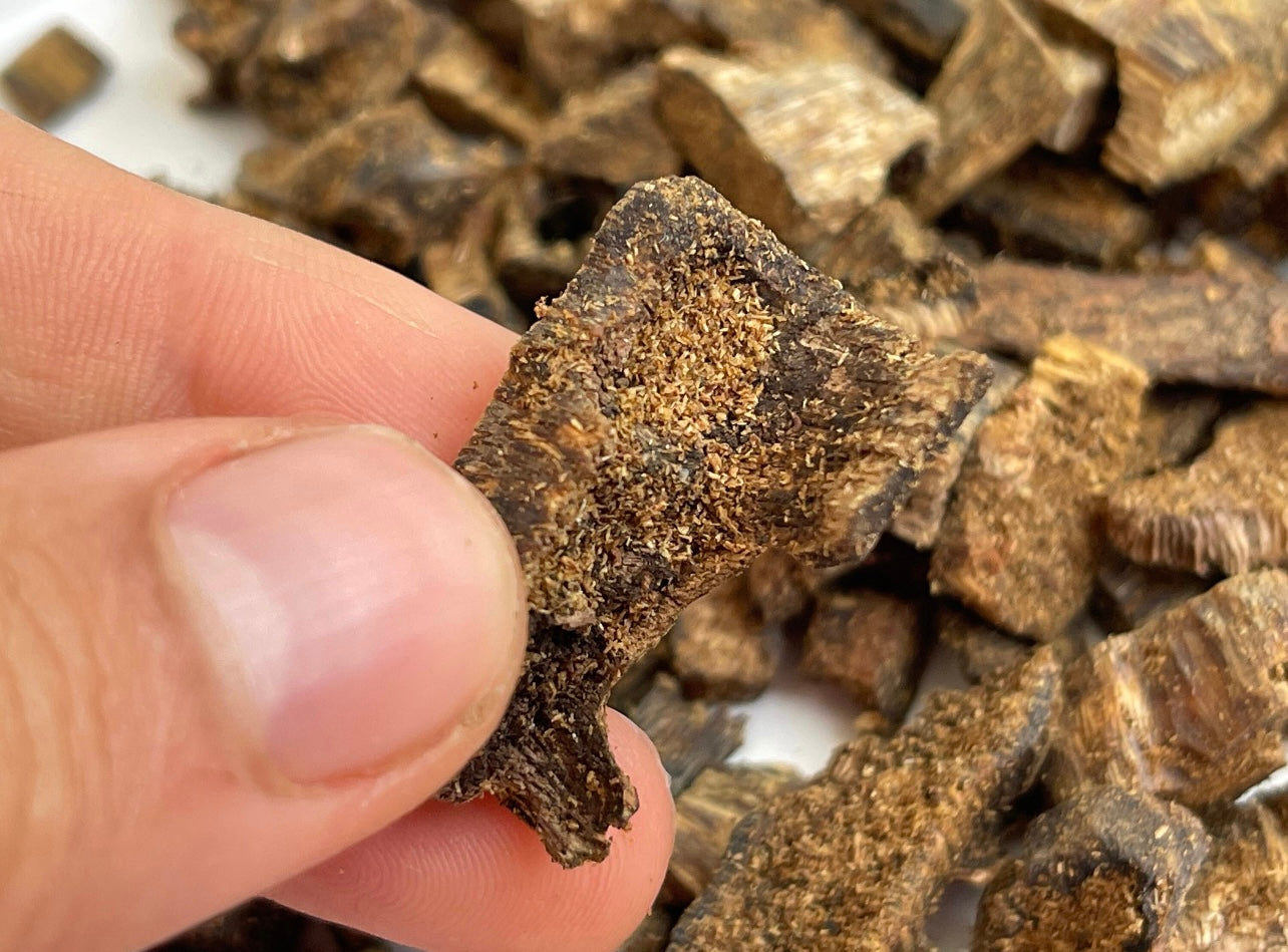 Man, holding white Hainan island cultivated kinam chips