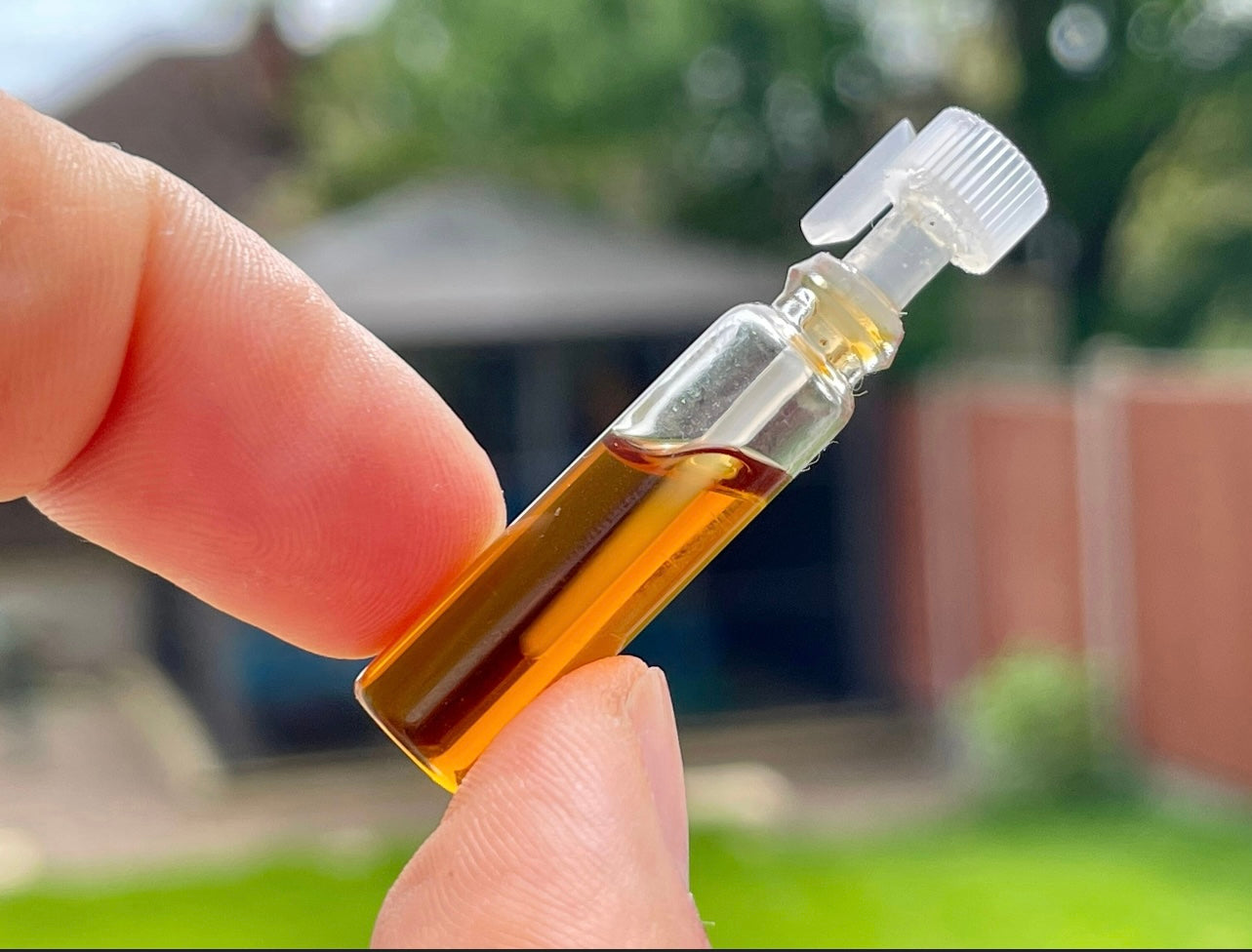 Man holding a vial of artisan vintage Indonesian Sandalwood oil