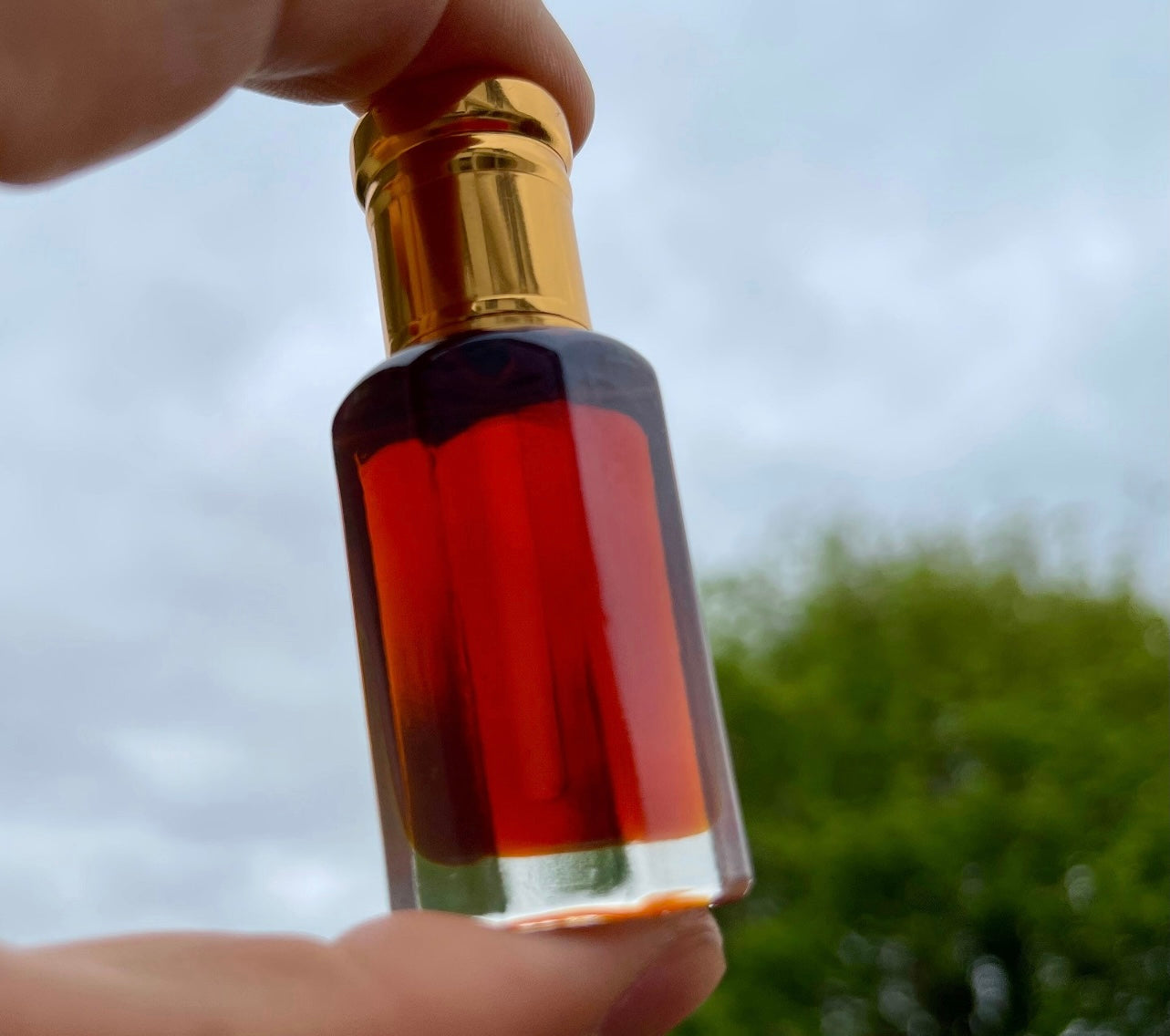 Picture of a man holding a bottle of Assam Indian Oud towards the sky