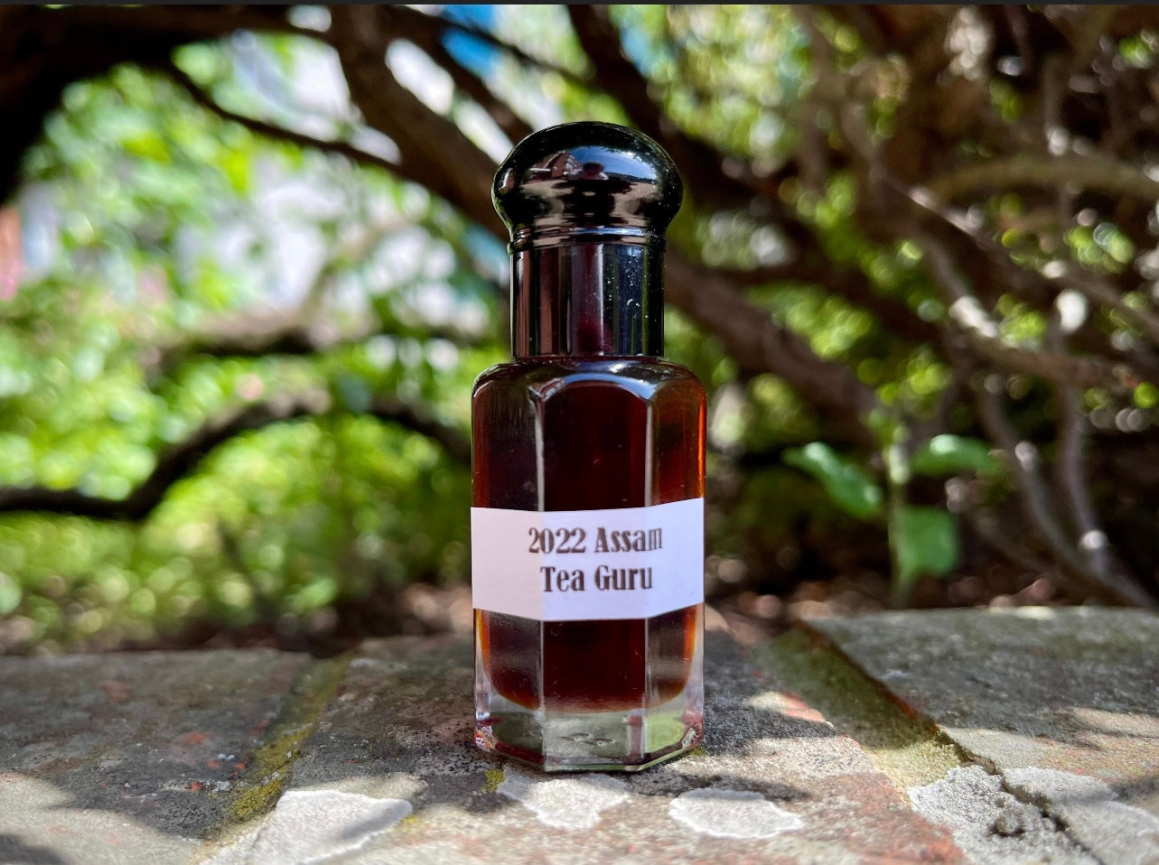 A bottle of Assam Oud Oil on a brick