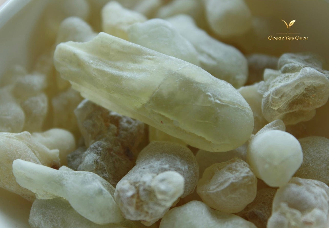 Close up of royal Green Hojari frankincense pieces