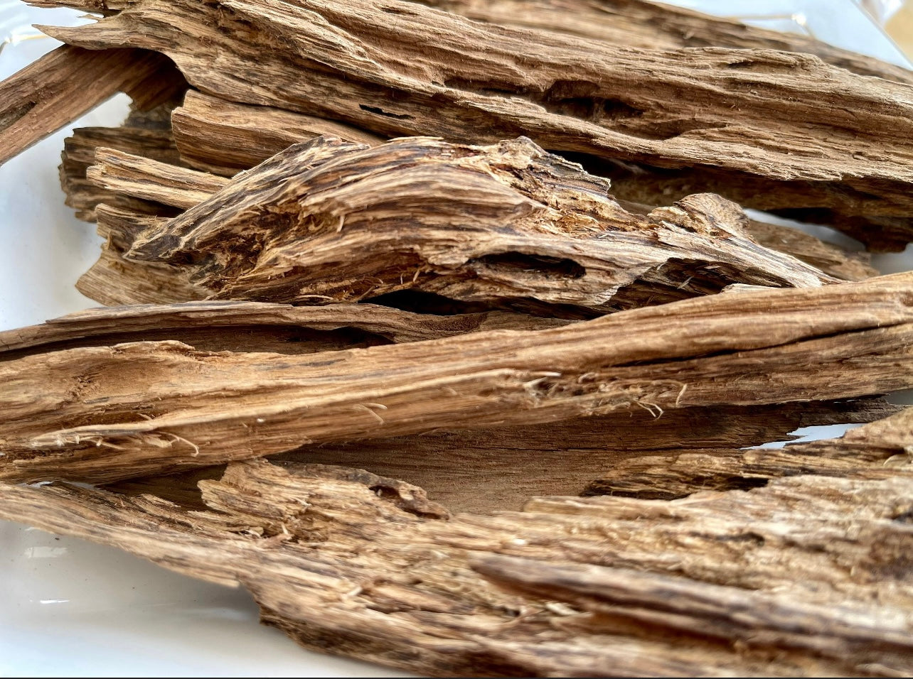 Close-up of large Sri Lankan Agarwood chips on a table