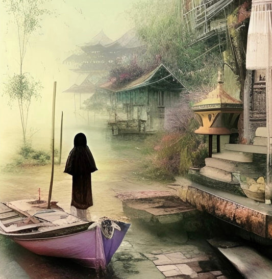 Logo for Tratt, Thailand Oud oil. Ghostly figure standing on boat in Thai village.